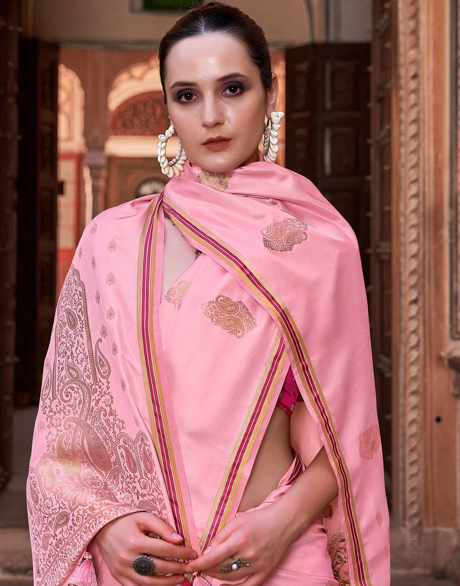 Rose Pink Jacquard Silk Saree