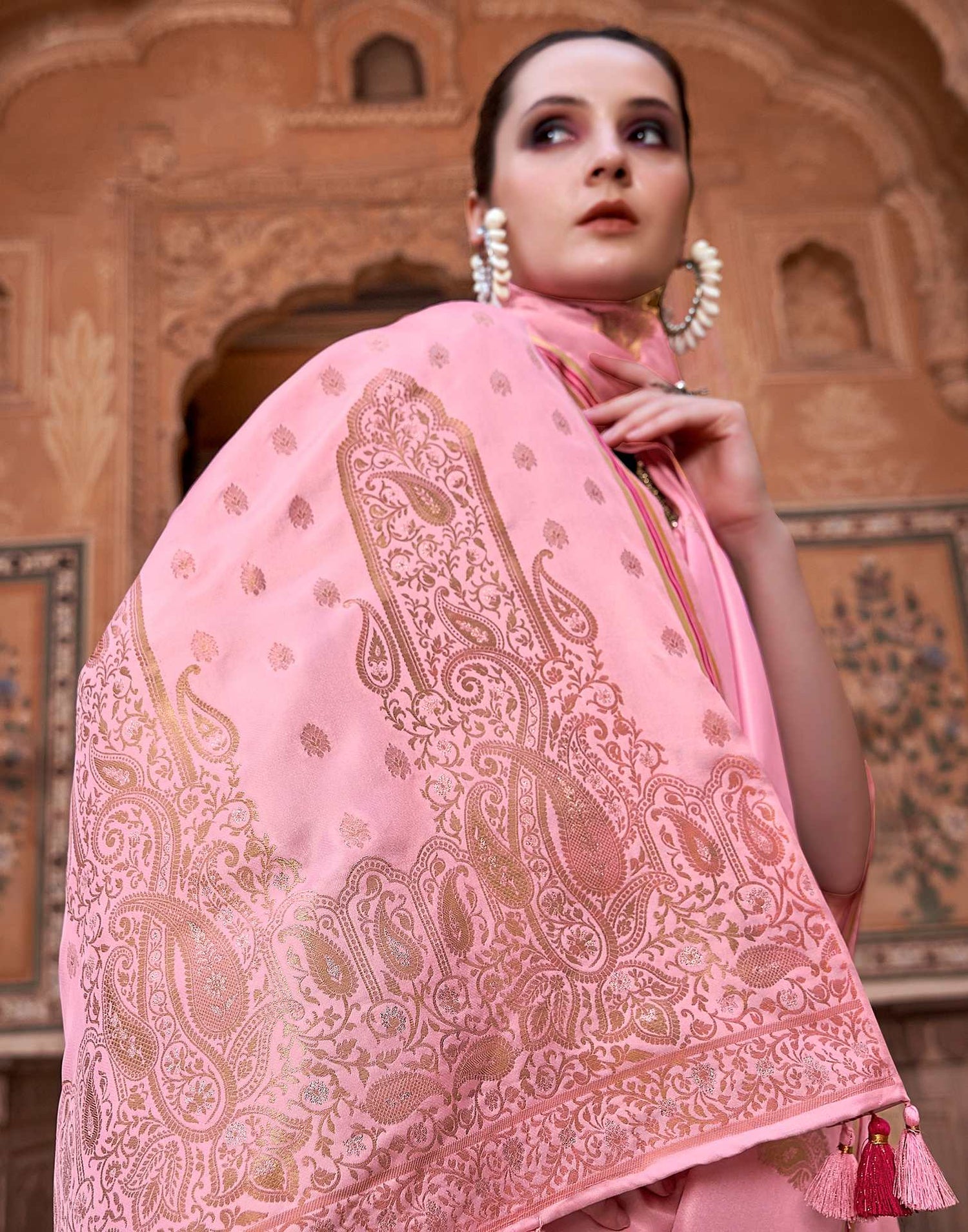 Rose Pink Jacquard Silk Saree