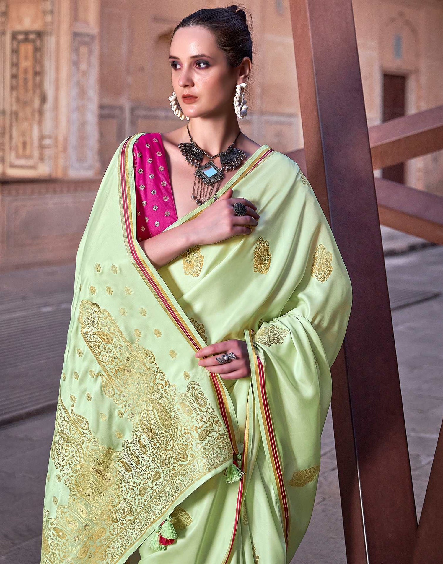Light Pista Green Jacquard Silk Saree