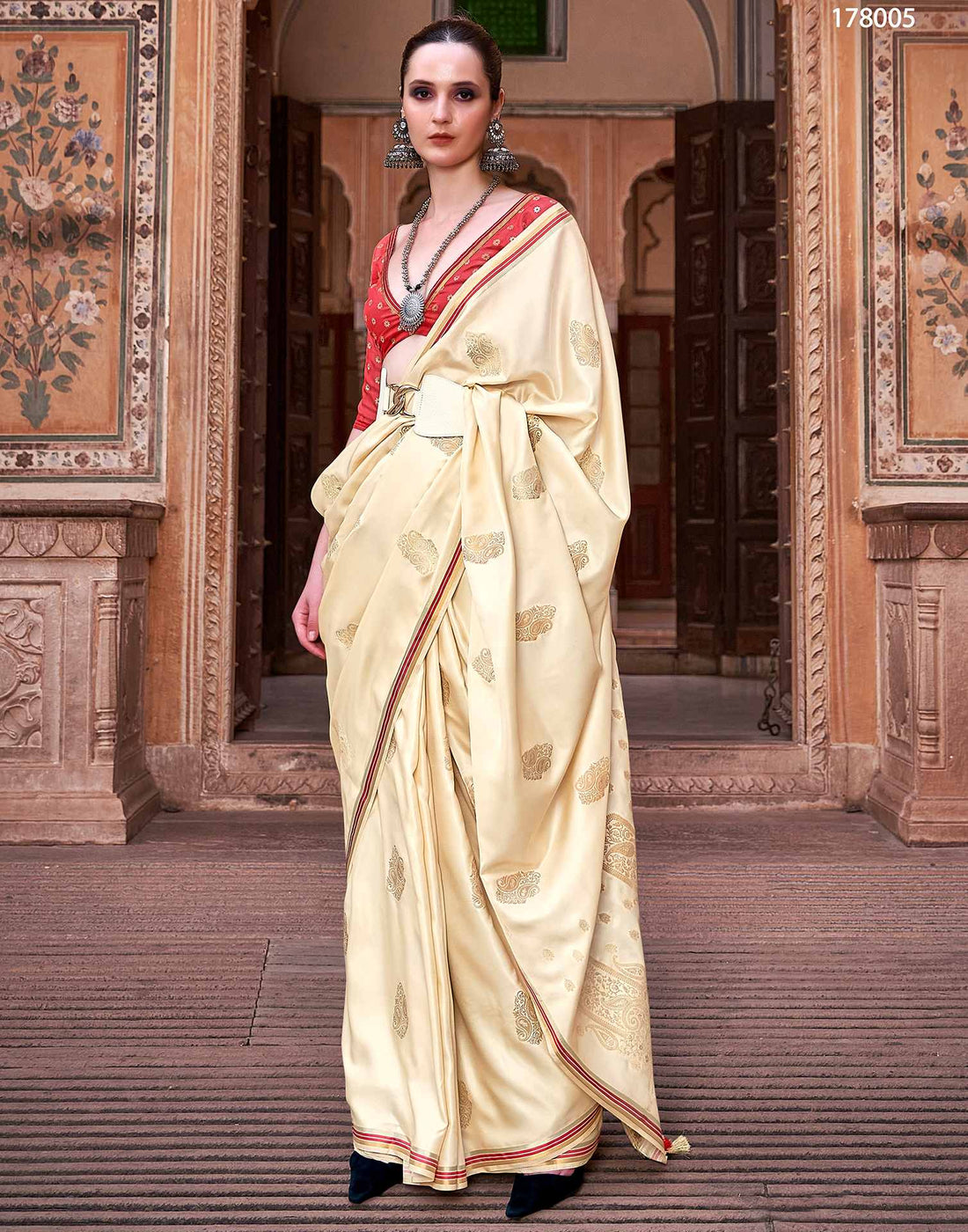 Beige Jacquard Silk Saree