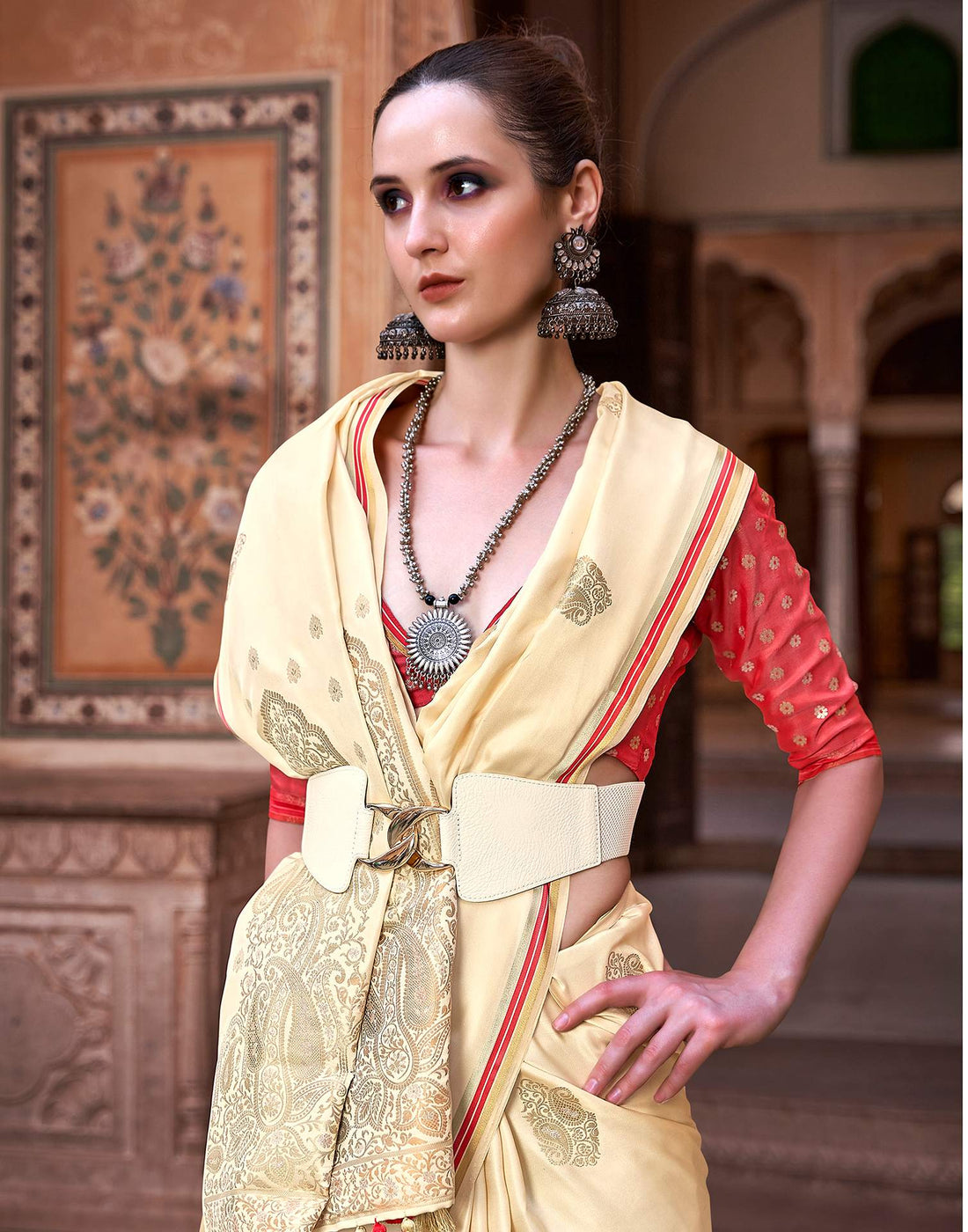 Beige Jacquard Silk Saree