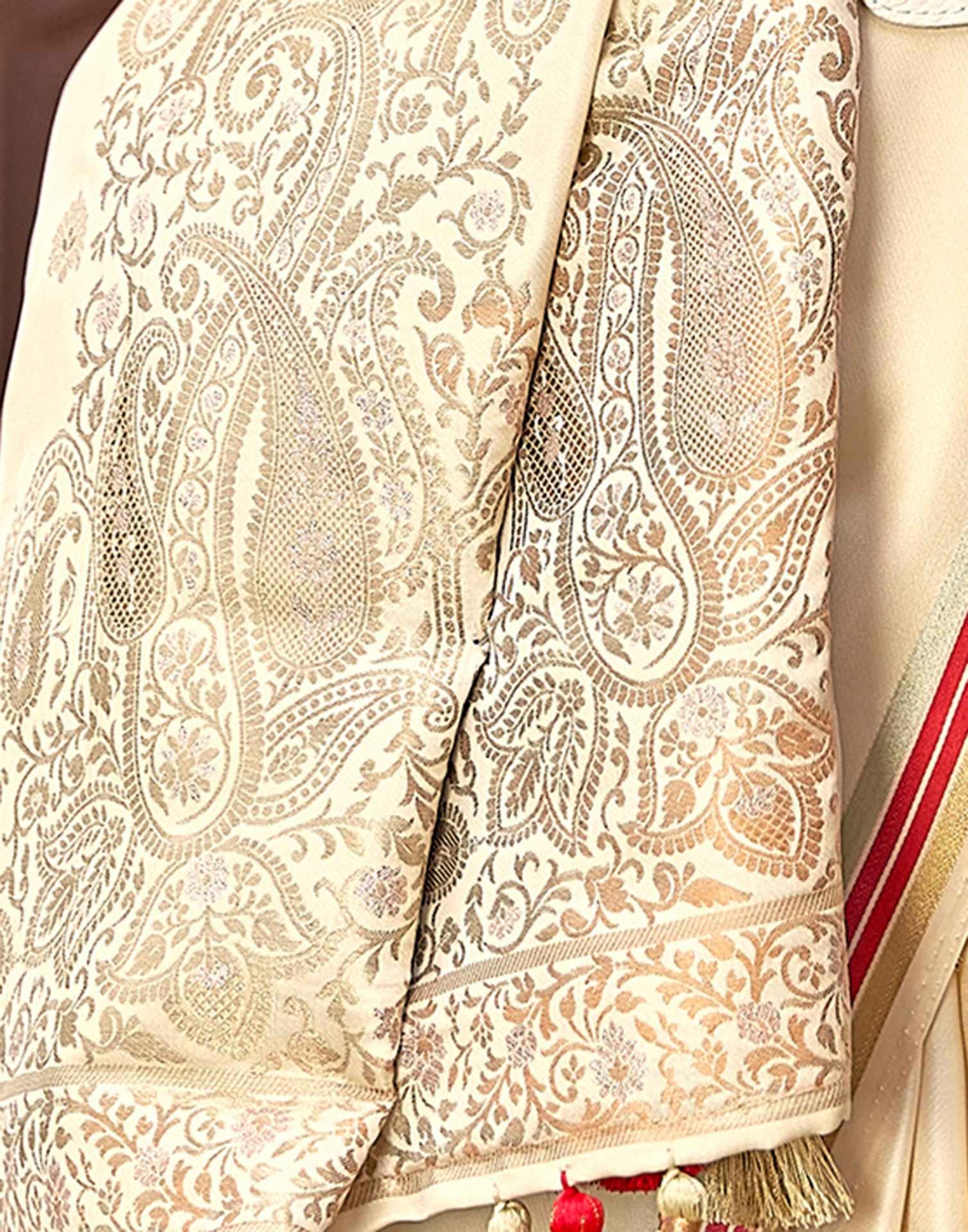 Beige Jacquard Silk Saree