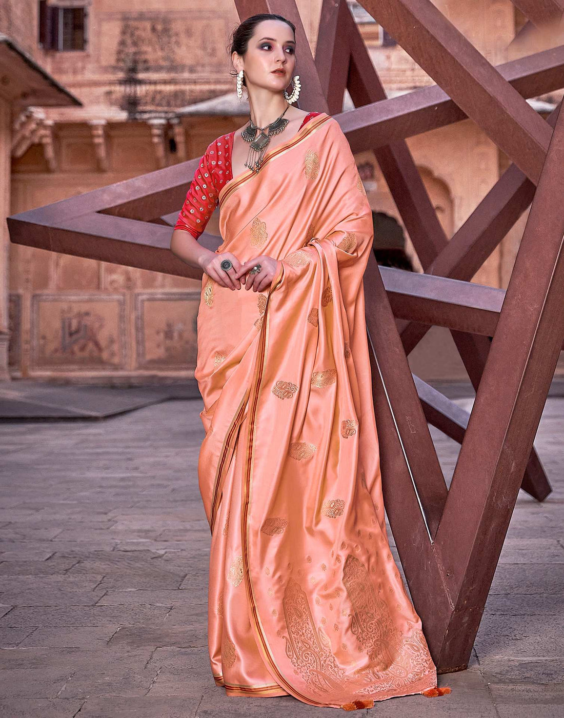 Peach Jacquard Silk Saree