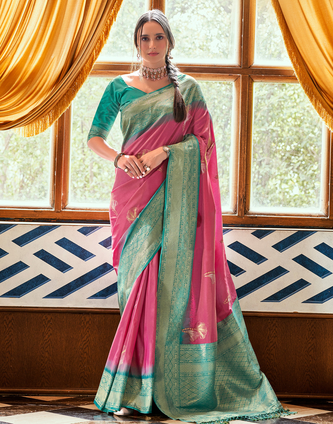 Rose Pink Silk Woven Banarasi Saree