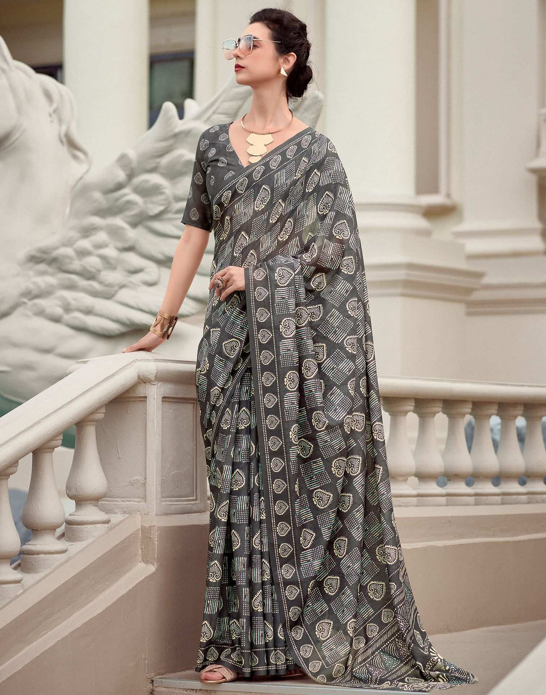 Dark Brown Printed Cotton Silk Saree