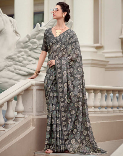 Dark Brown Printed Cotton Silk Saree