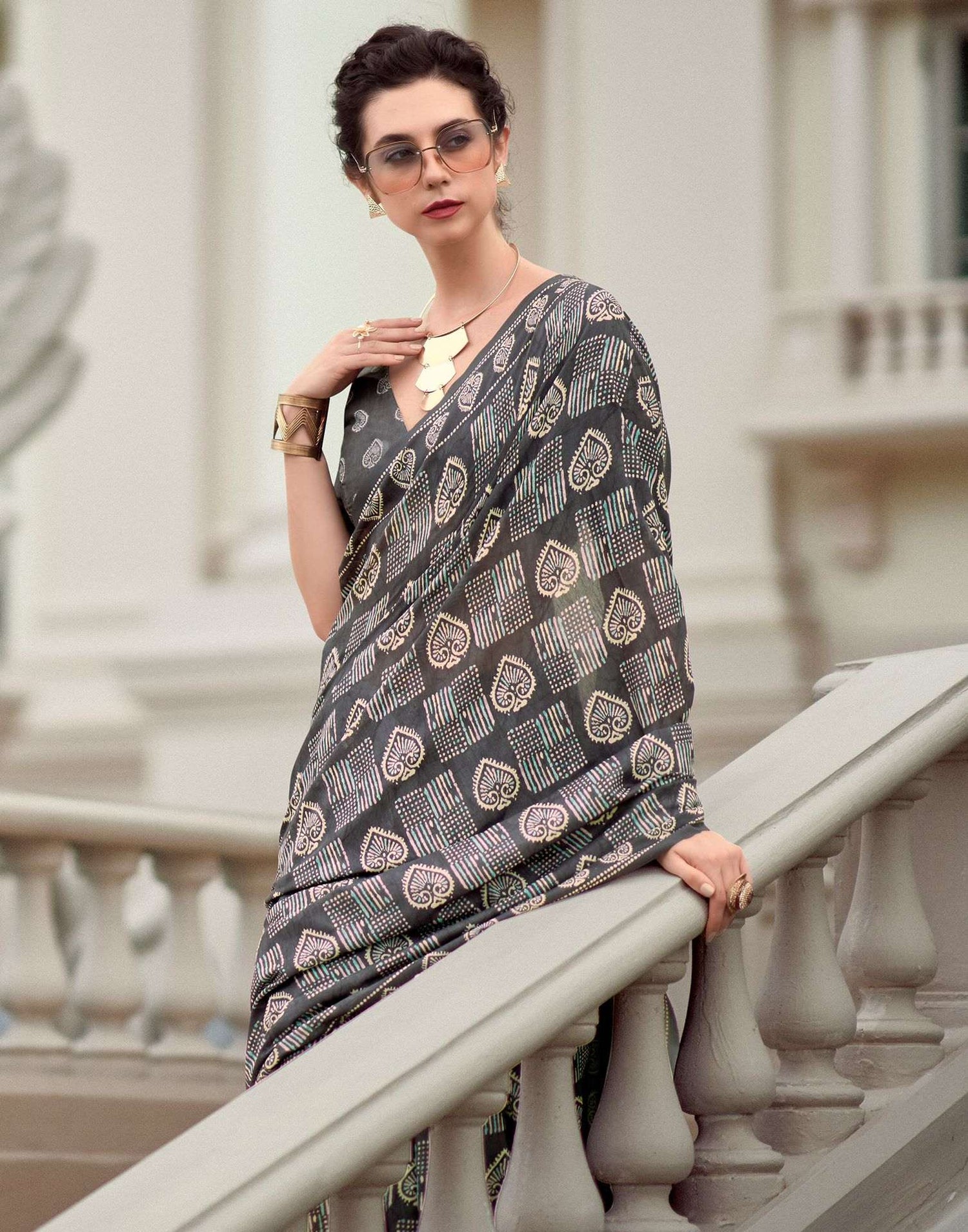 Dark Brown Printed Cotton Silk Saree