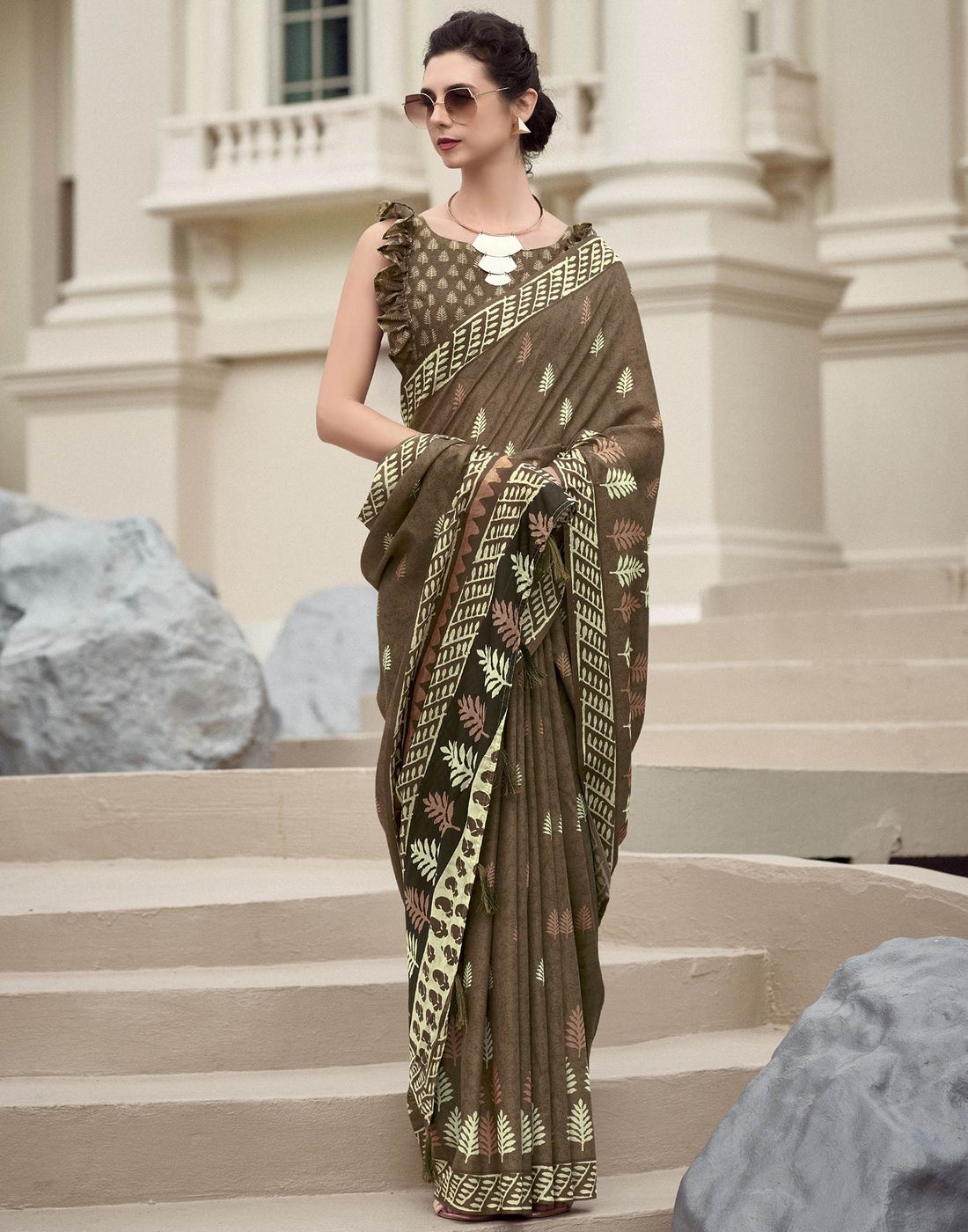 Olive Green Printed Cotton Silk Saree