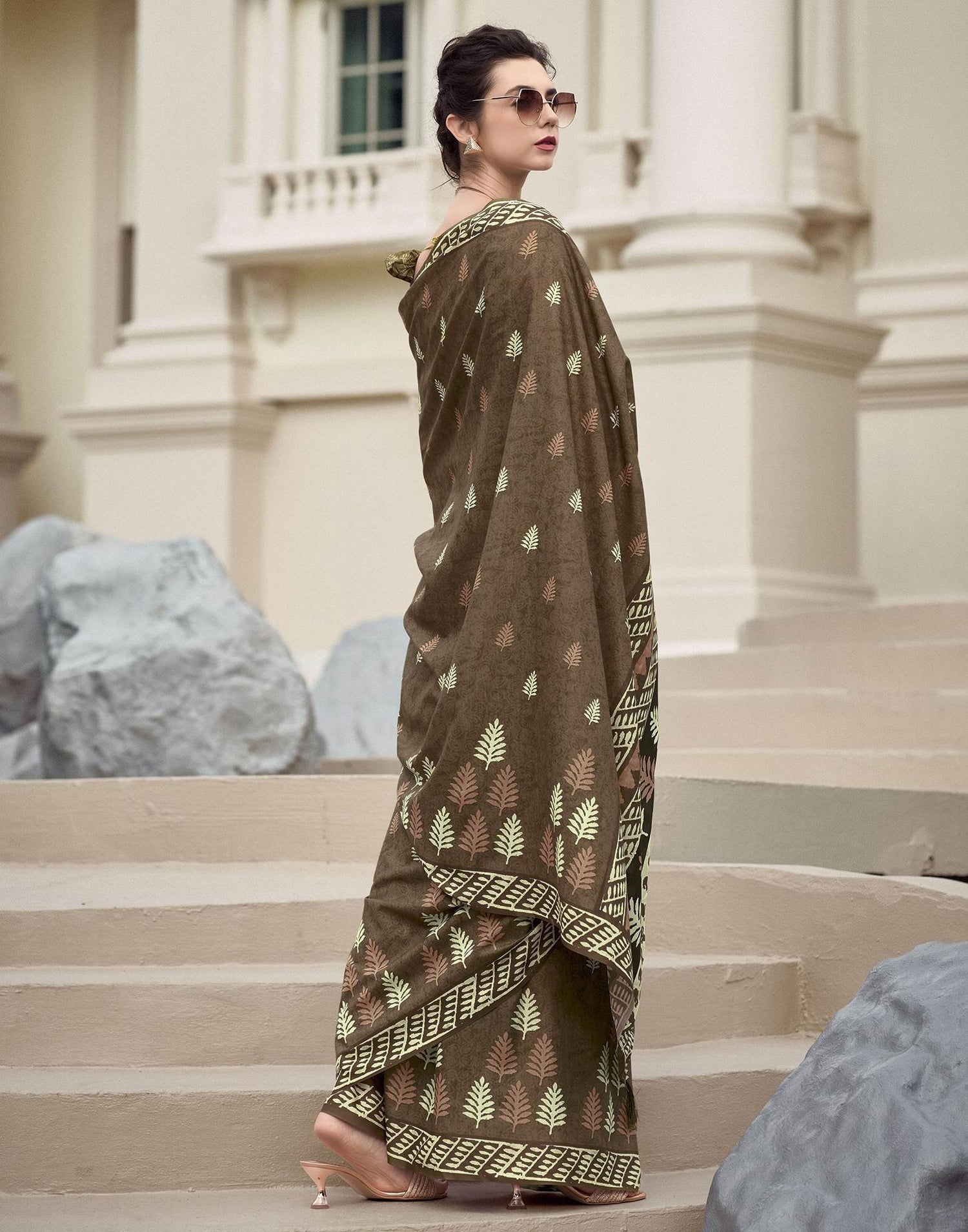Olive Green Printed Cotton Silk Saree