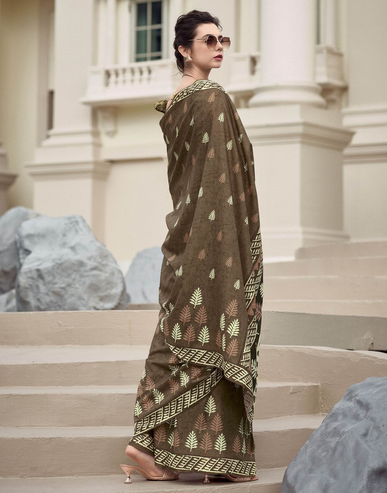 Olive Green Printed Cotton Silk Saree