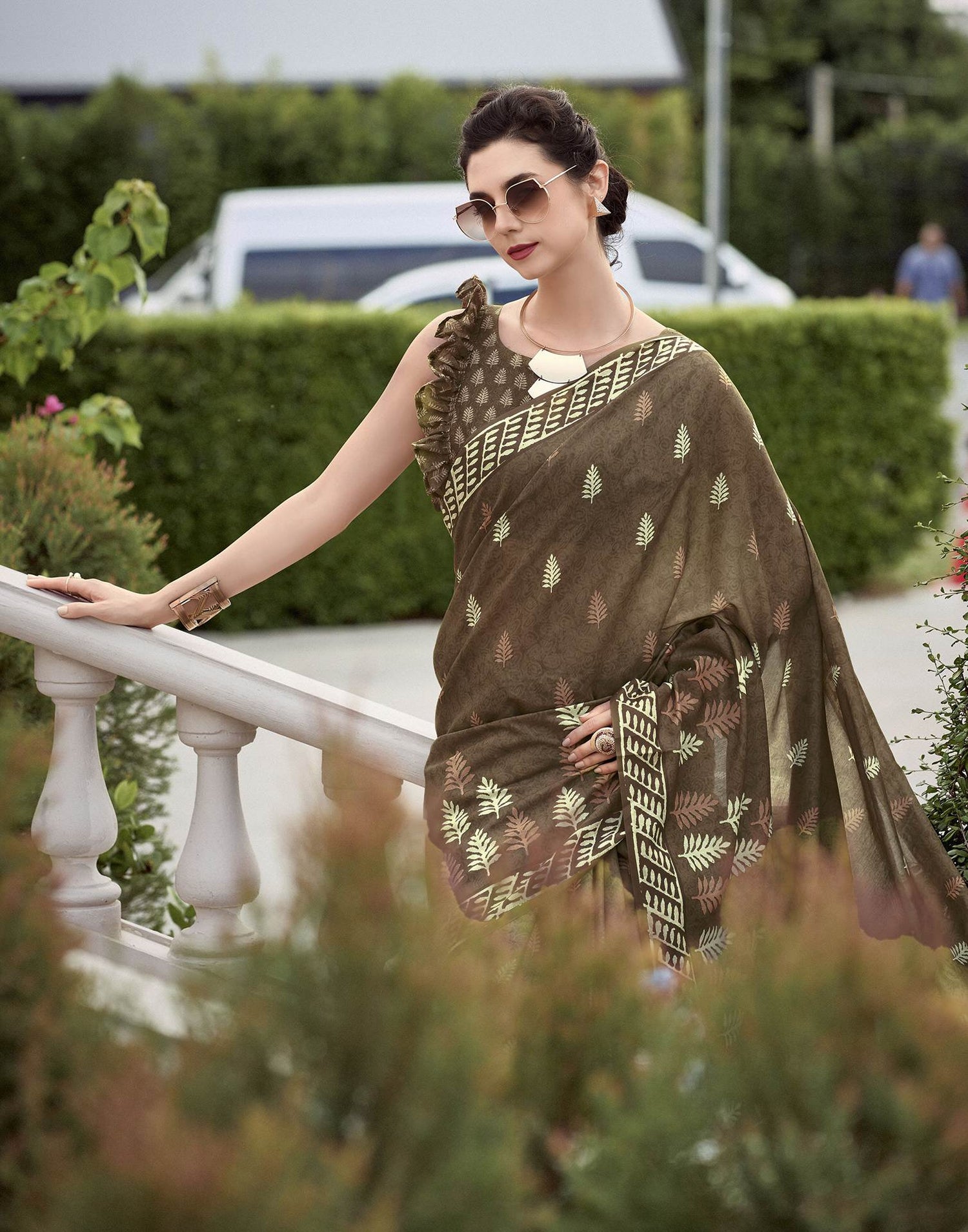 Olive Green Printed Cotton Silk Saree