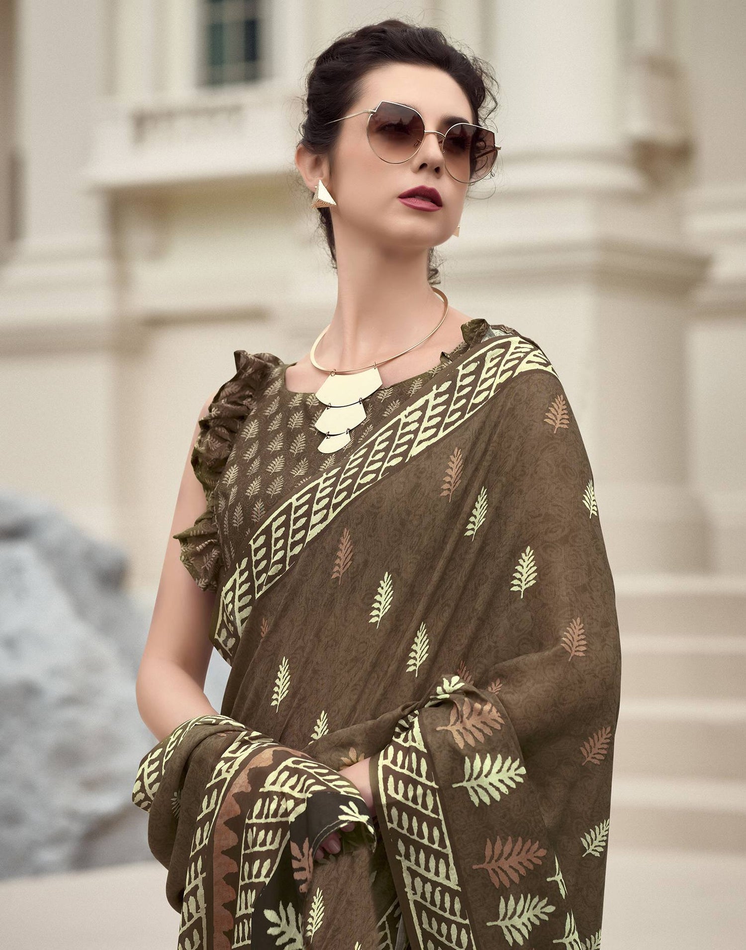 Olive Green Printed Cotton Silk Saree