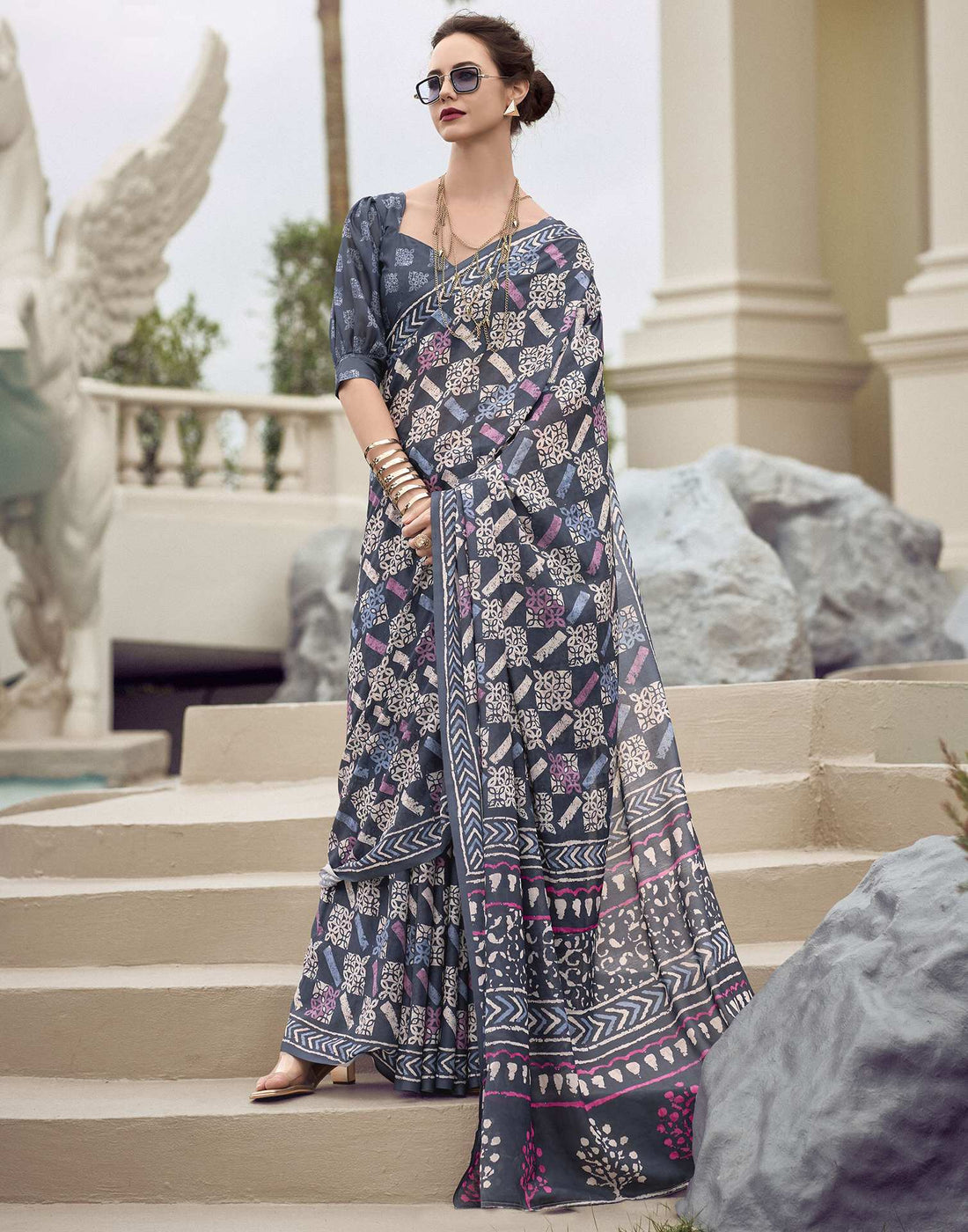 Navy Blue Printed Cotton Silk Saree