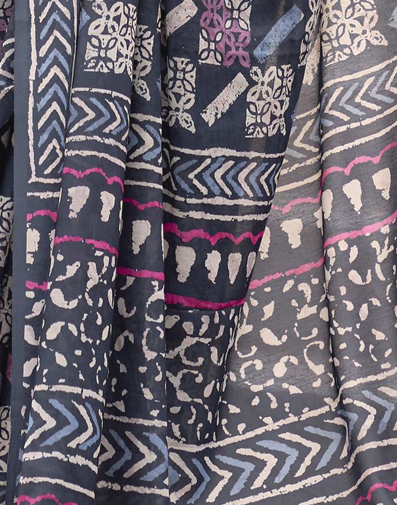 Navy Blue Printed Cotton Silk Saree