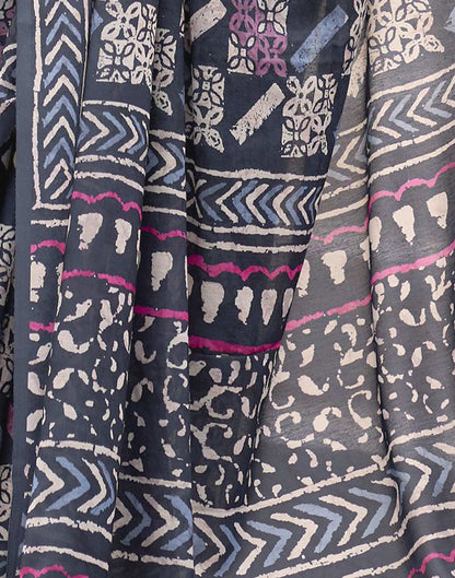 Navy Blue Printed Cotton Silk Saree