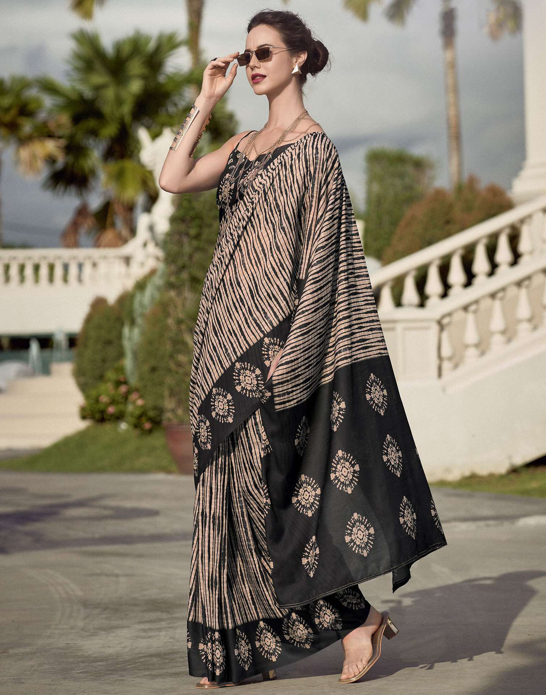 Brown Printed Cotton Silk Saree