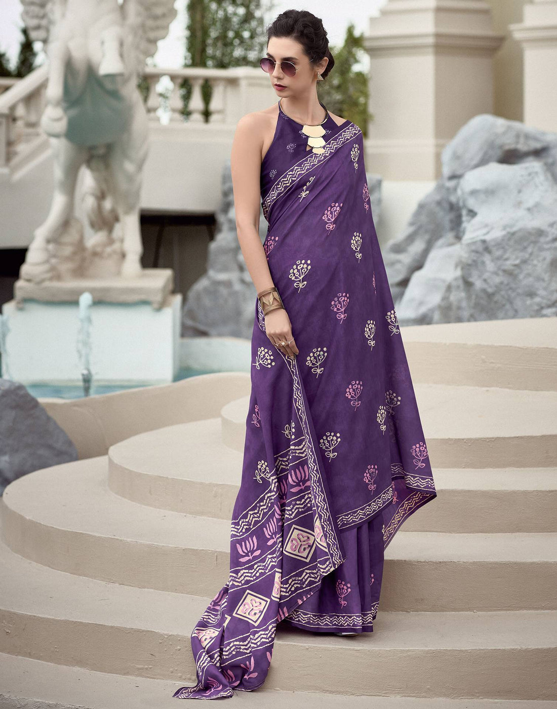 Purple Printed Cotton Silk Saree