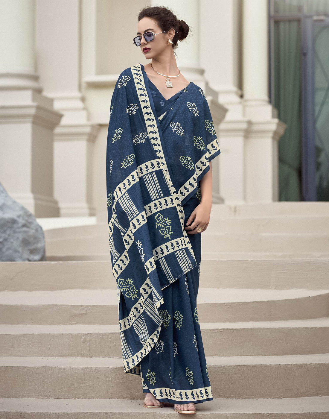 Dark Dusty Blue Printed Cotton Silk Saree