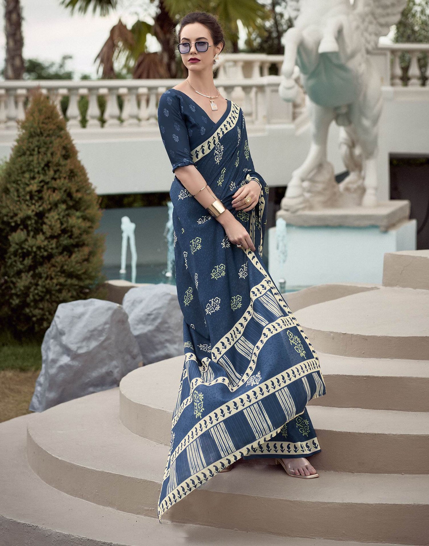 Dark Dusty Blue Printed Cotton Silk Saree