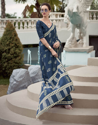 Dark Dusty Blue Printed Cotton Silk Saree