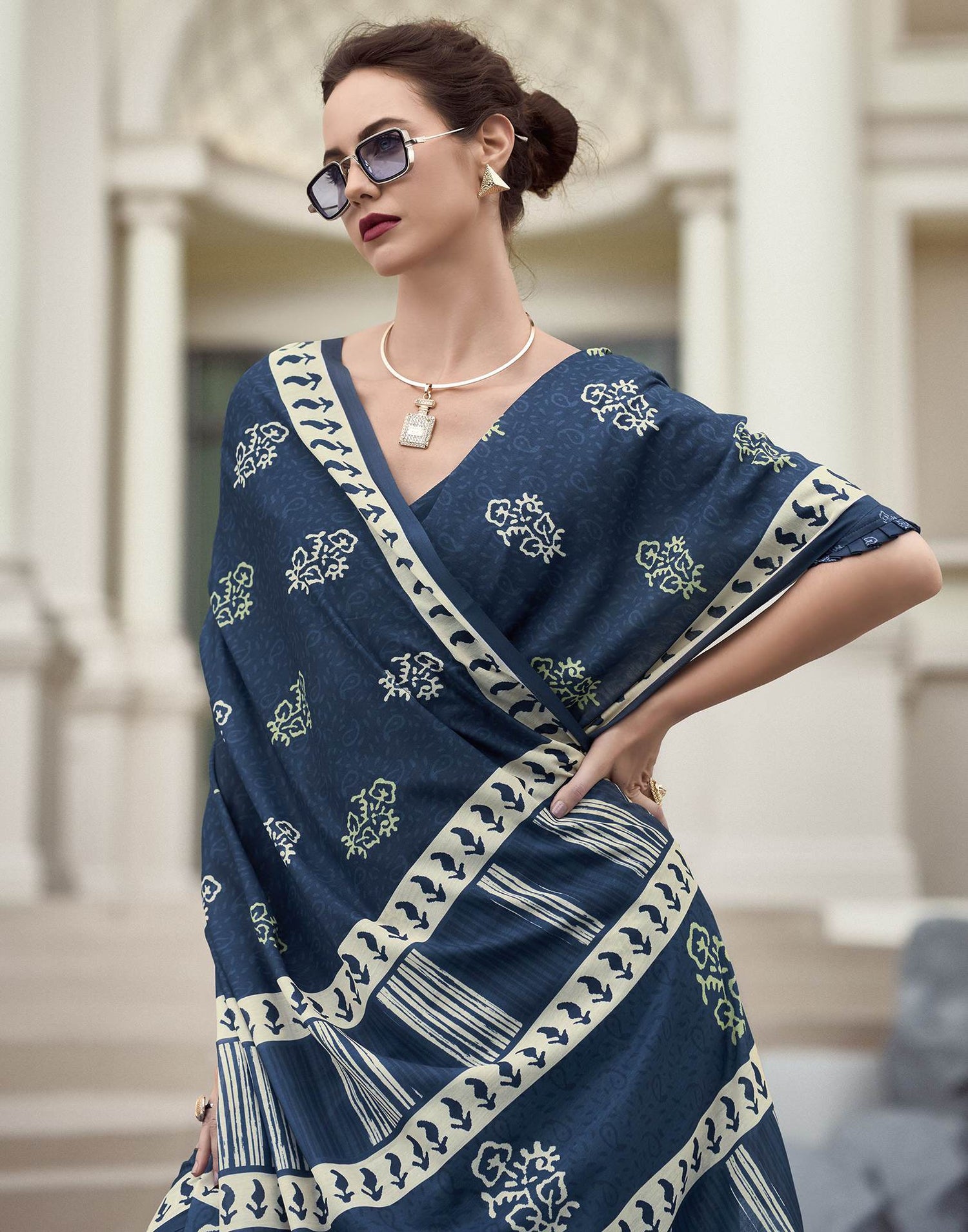 Dark Dusty Blue Printed Cotton Silk Saree
