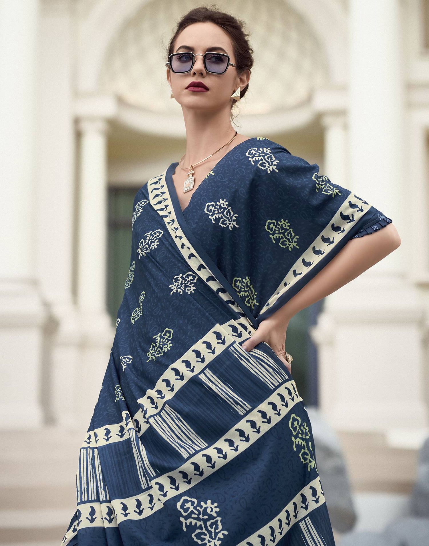 Dark Dusty Blue Printed Cotton Silk Saree