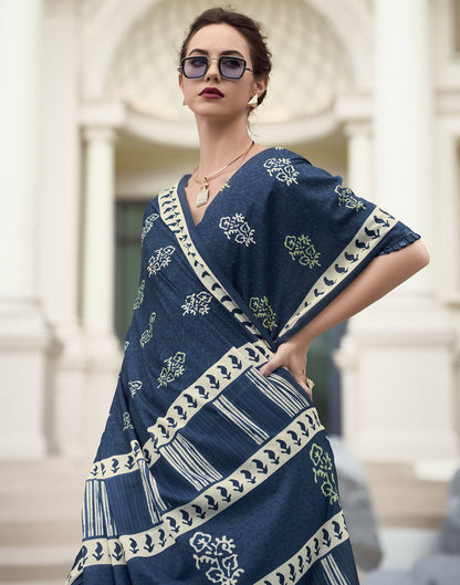 Dark Dusty Blue Printed Cotton Silk Saree