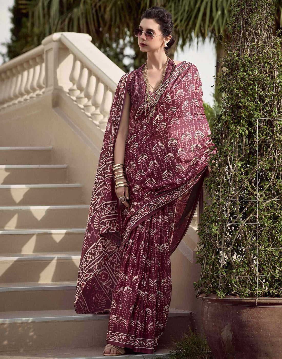 Maroon Printed Cotton Silk Saree