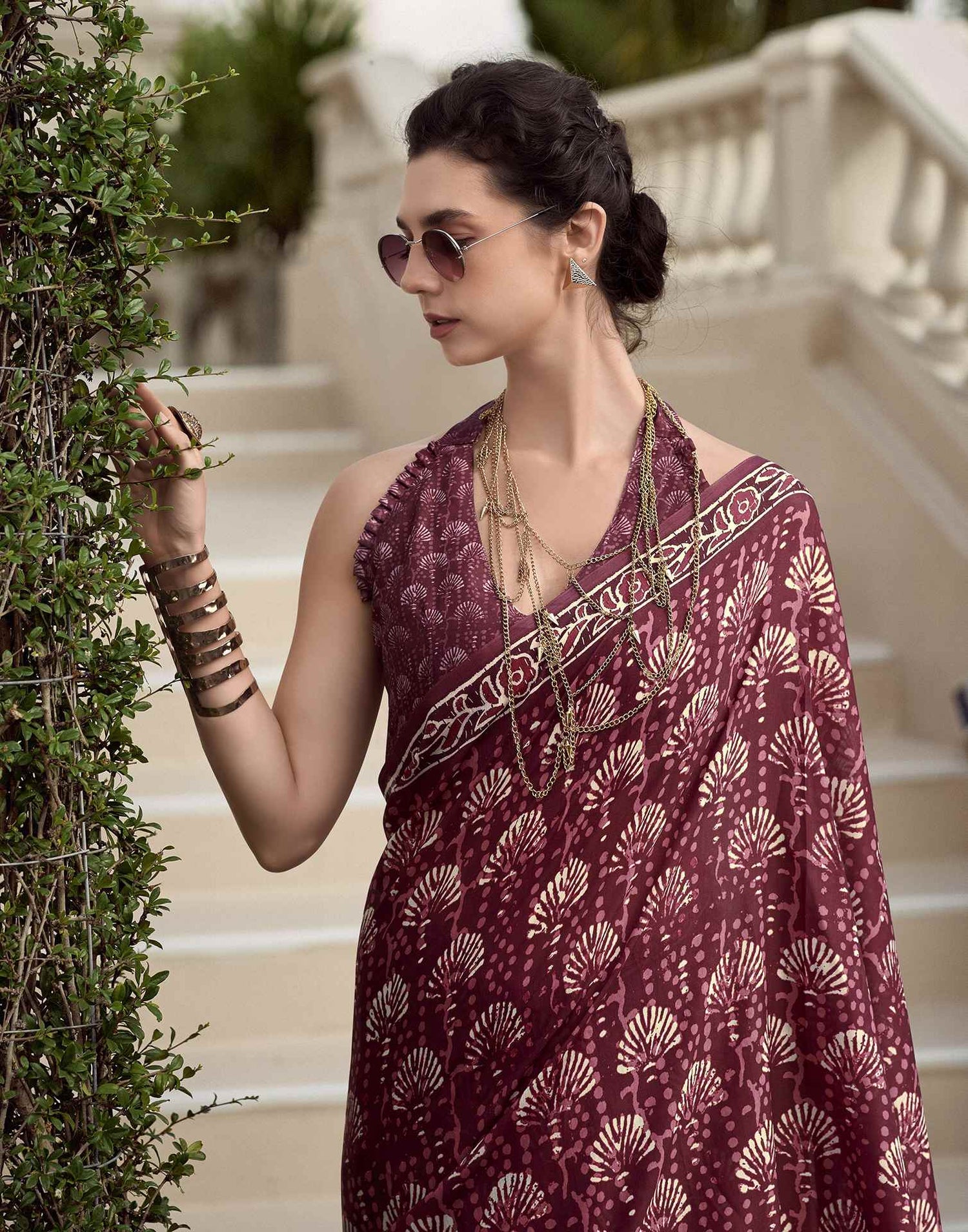 Maroon Printed Cotton Silk Saree