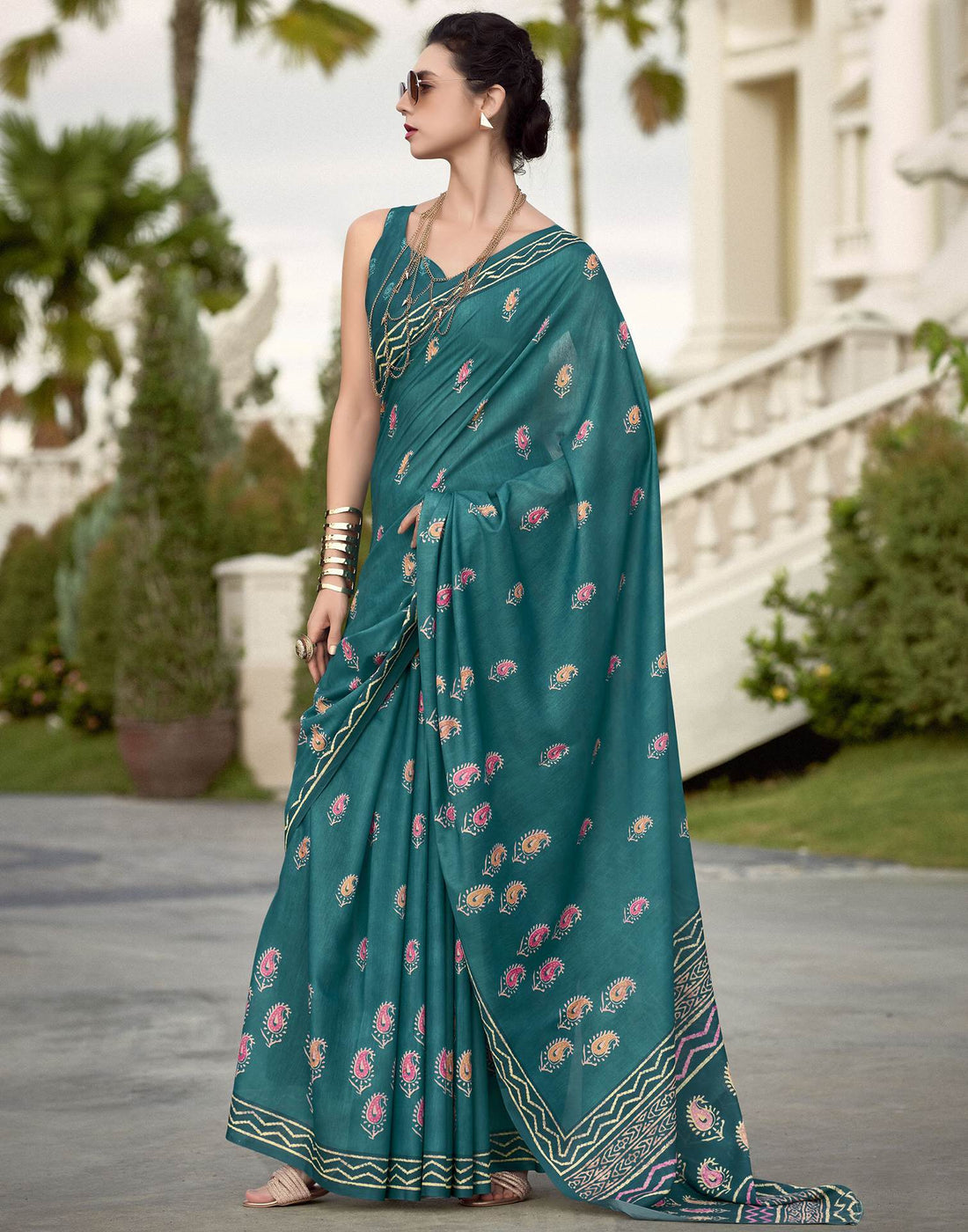 Teal Green Printed Cotton Silk Saree