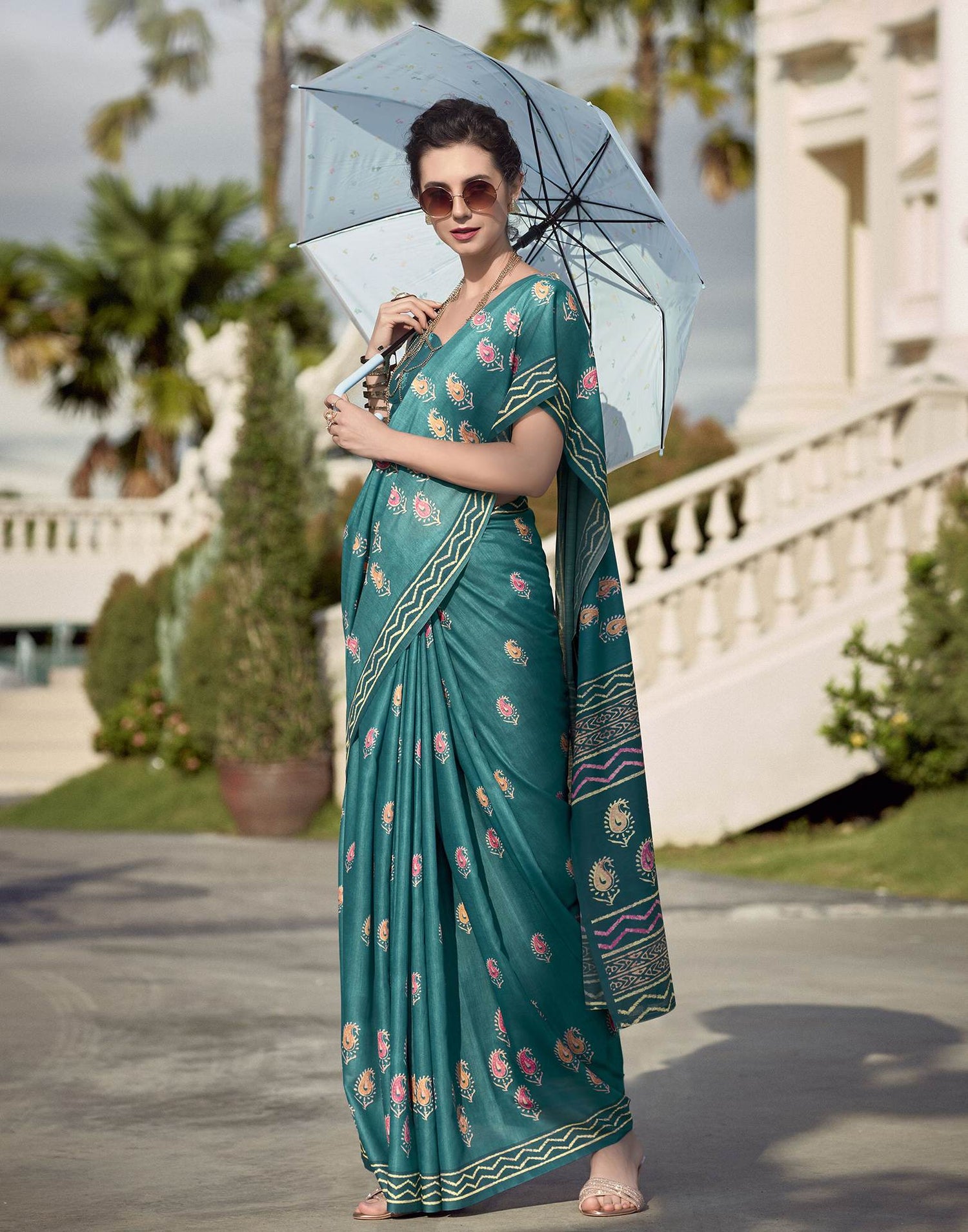 Teal Green Printed Cotton Silk Saree