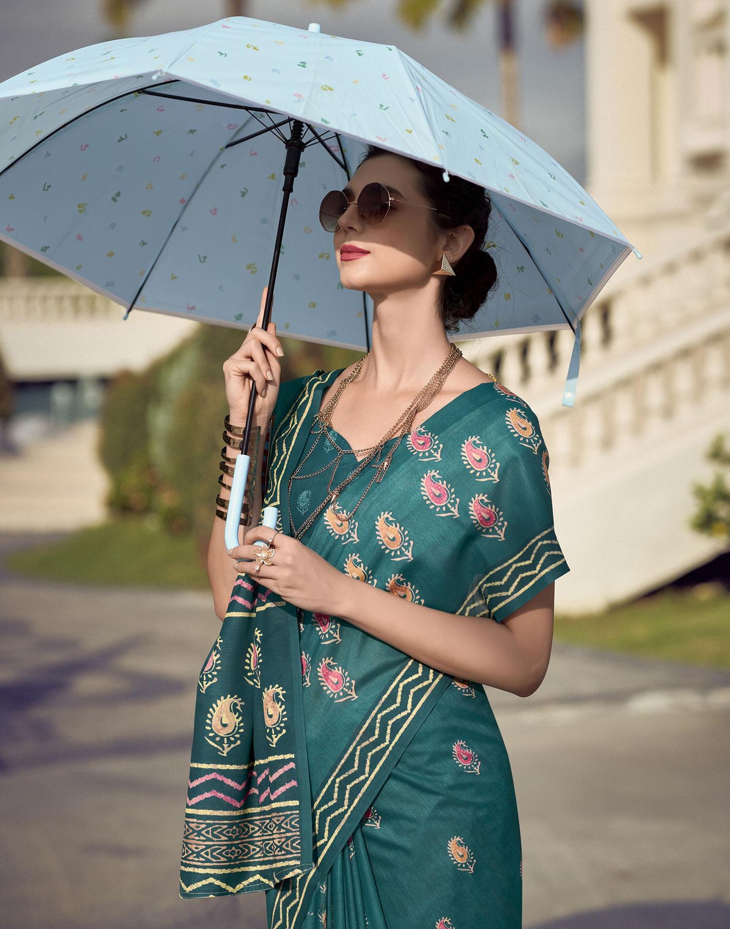 Teal Green Printed Cotton Silk Saree