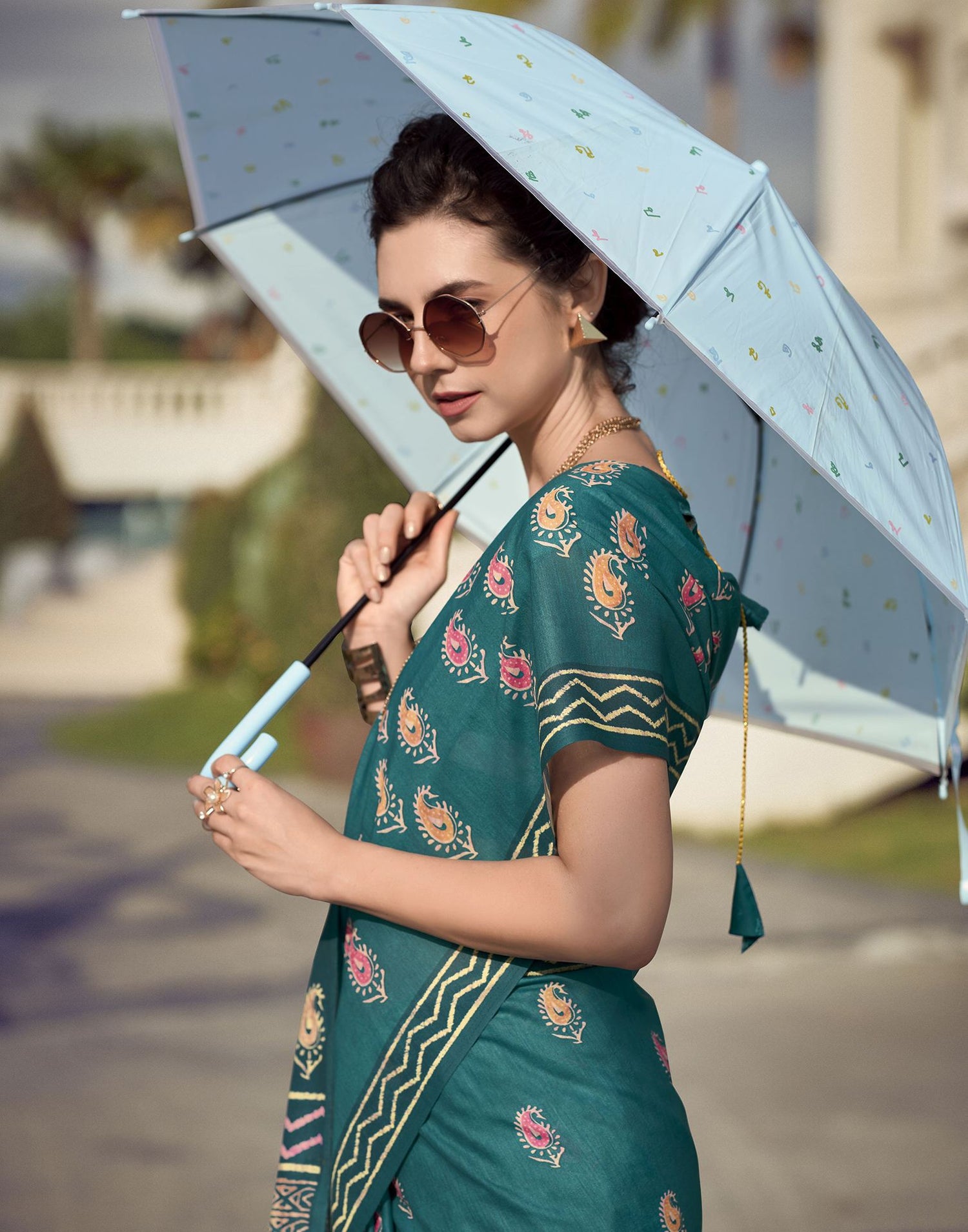 Teal Green Printed Cotton Silk Saree