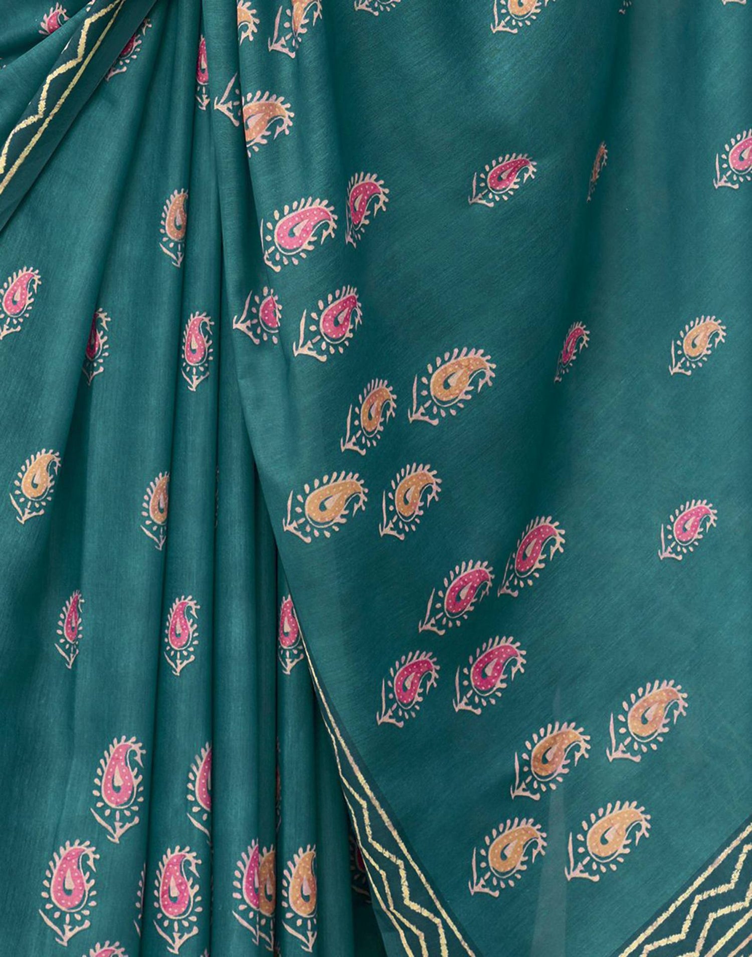 Teal Green Printed Cotton Silk Saree