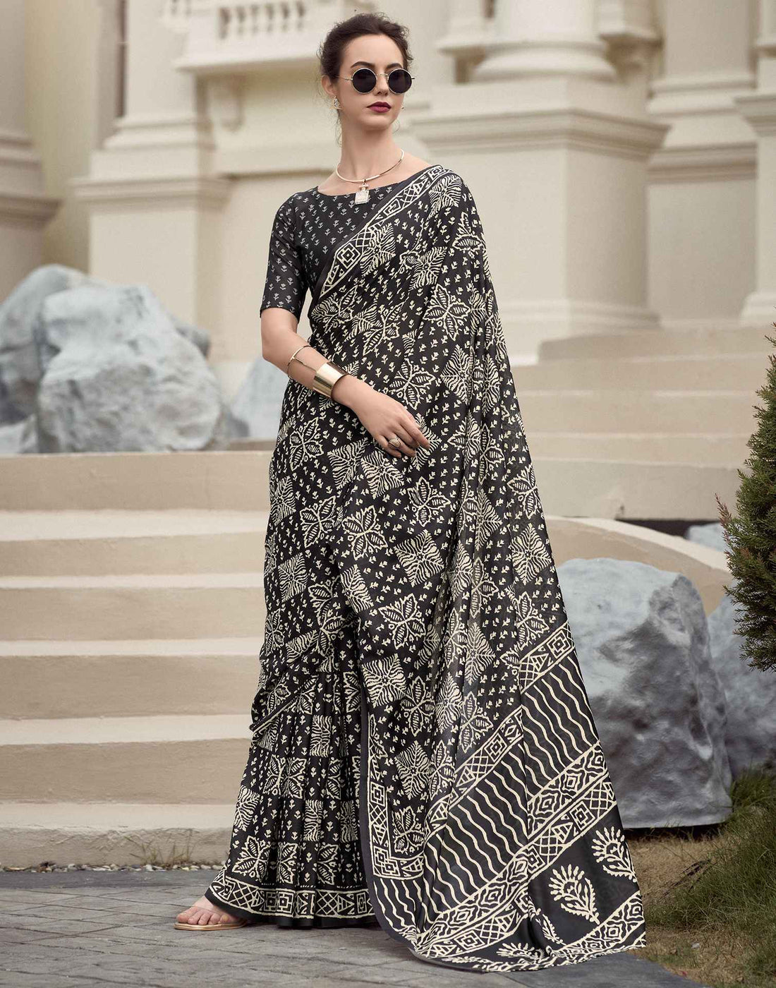 Black Printed Cotton Silk Saree