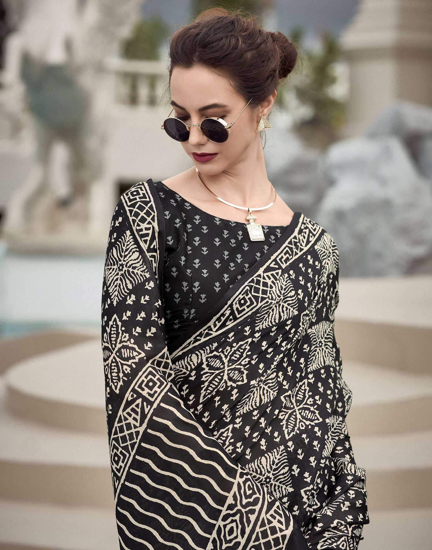 Black Printed Cotton Silk Saree
