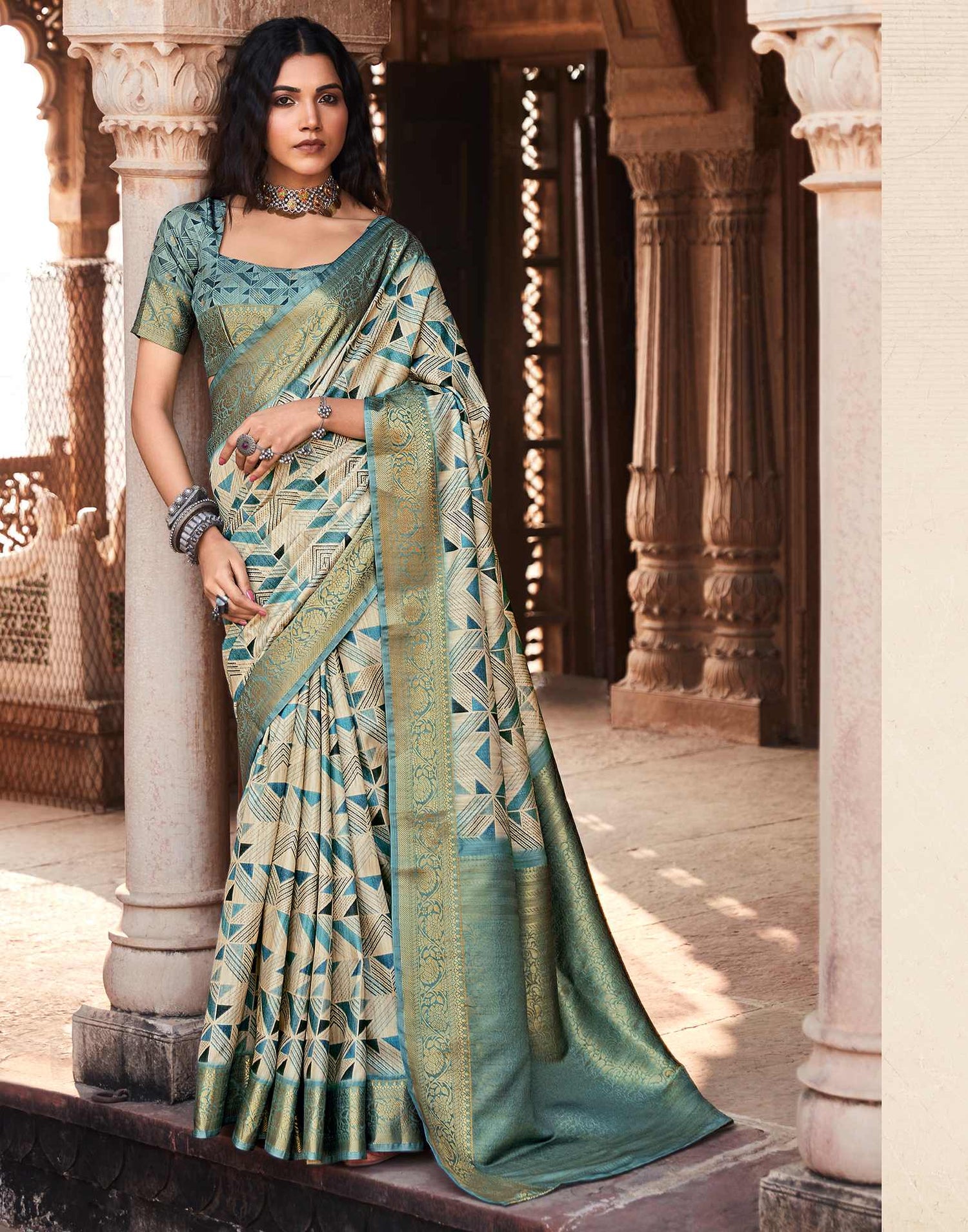 Beige Geometric Printed Silk Saree
