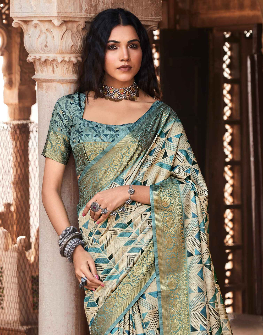Beige Geometric Printed Silk Saree