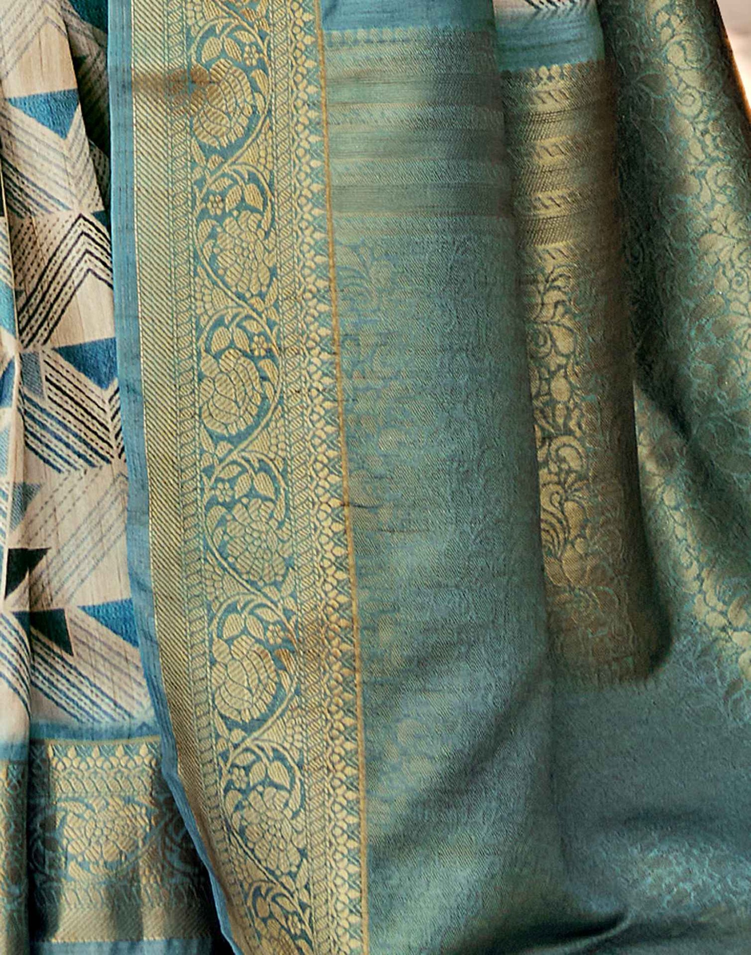 Beige Geometric Printed Silk Saree