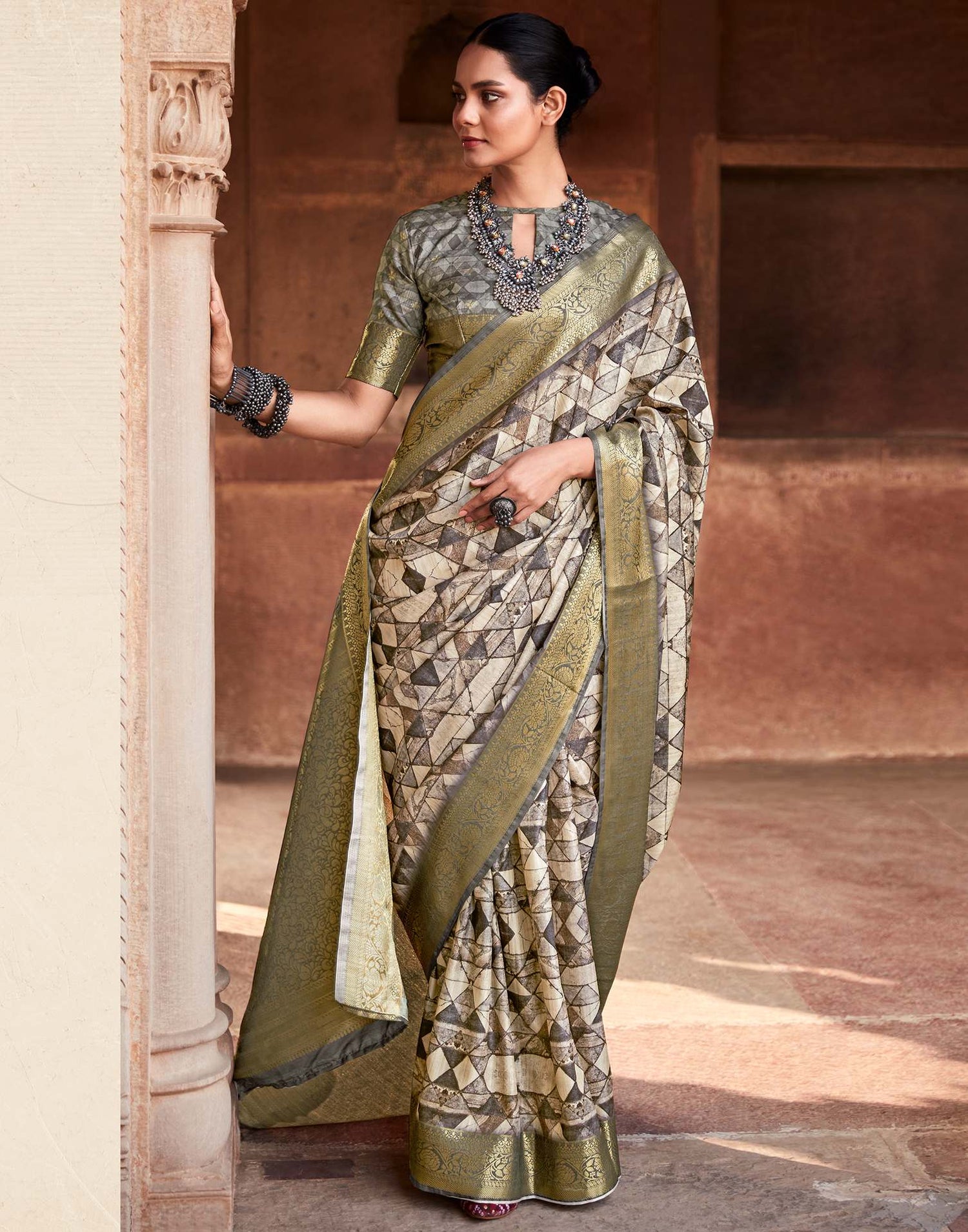 Beige Geometric Printed Silk Saree