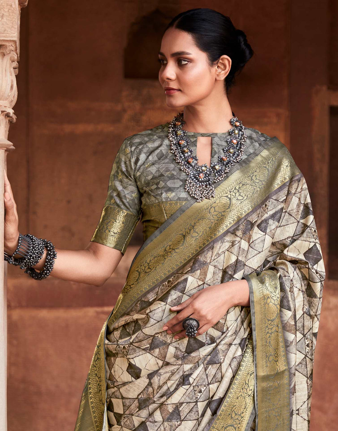 Beige Geometric Printed Silk Saree