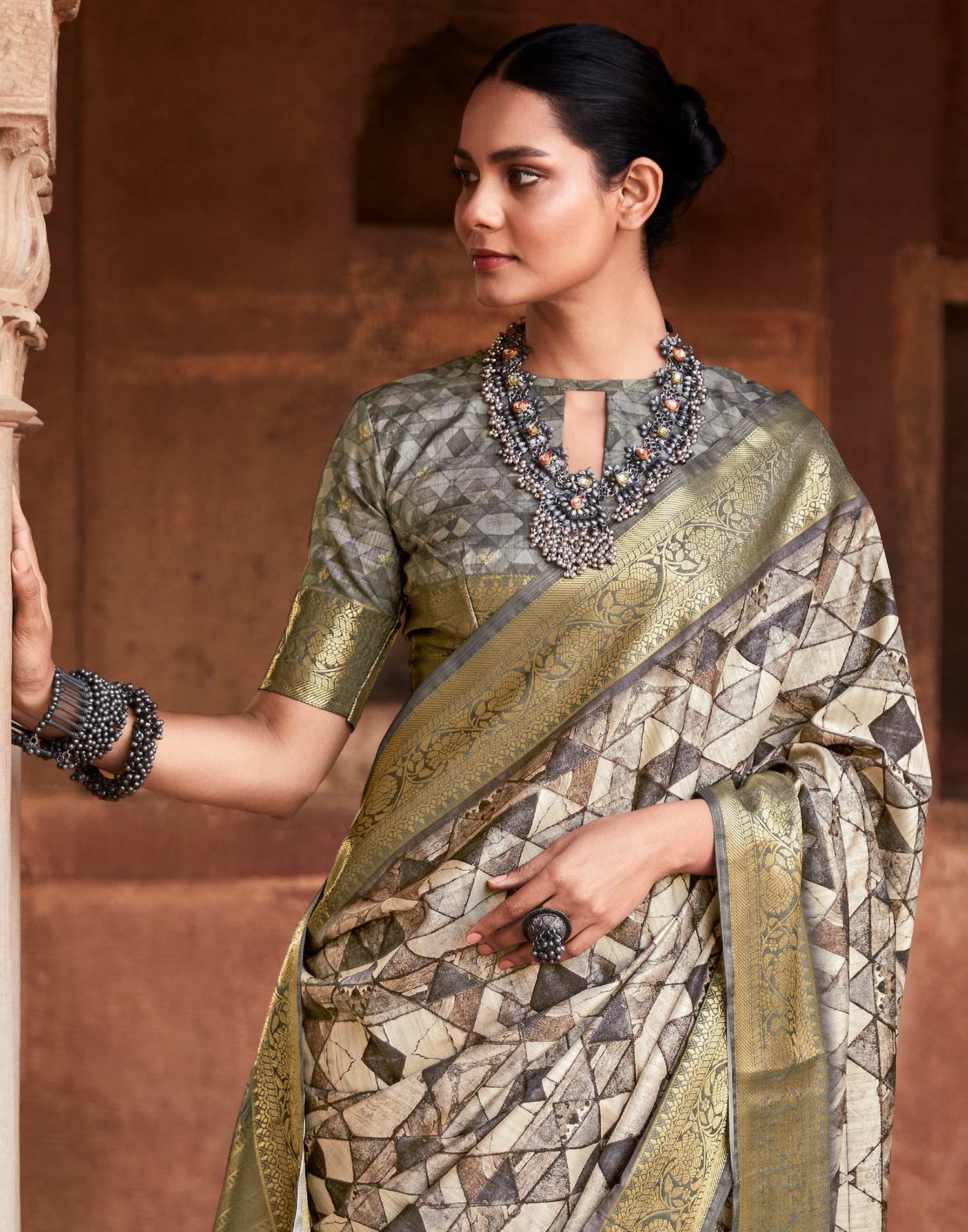 Beige Geometric Printed Silk Saree