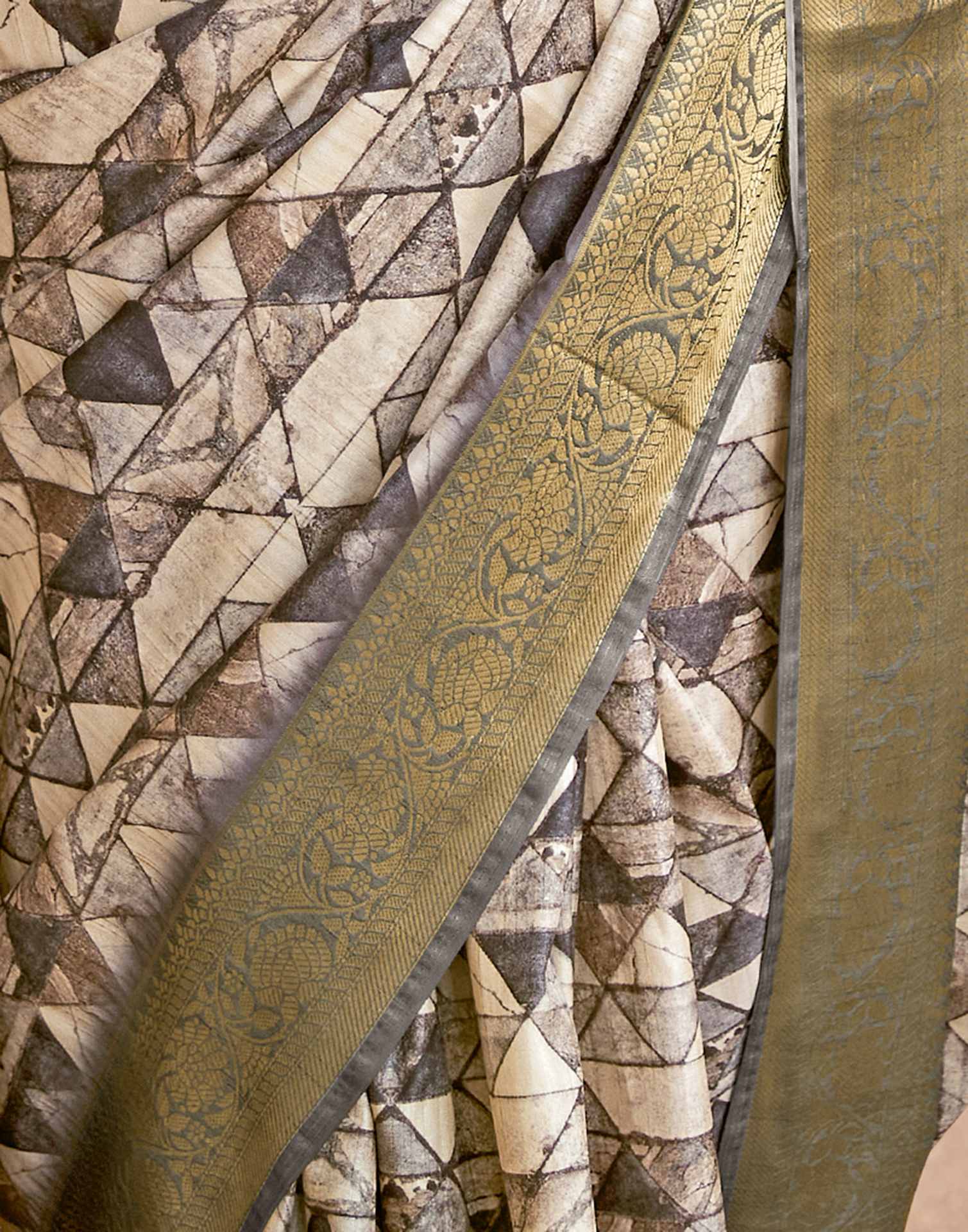 Beige Geometric Printed Silk Saree