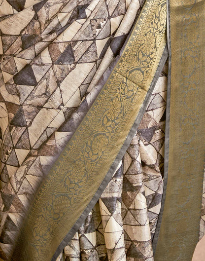 Beige Geometric Printed Silk Saree