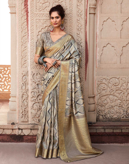 Beige Geometric Printed Silk Saree