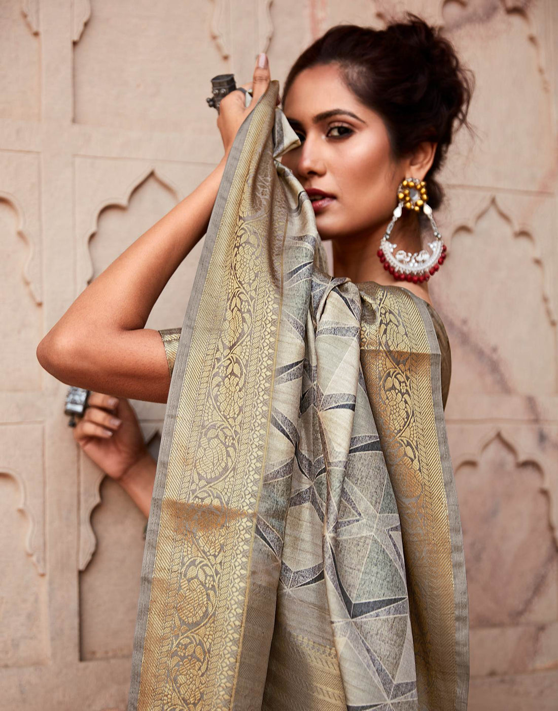 Beige Geometric Printed Silk Saree