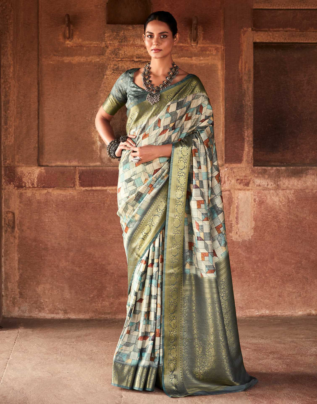 Beige Geometric Printed Silk Saree