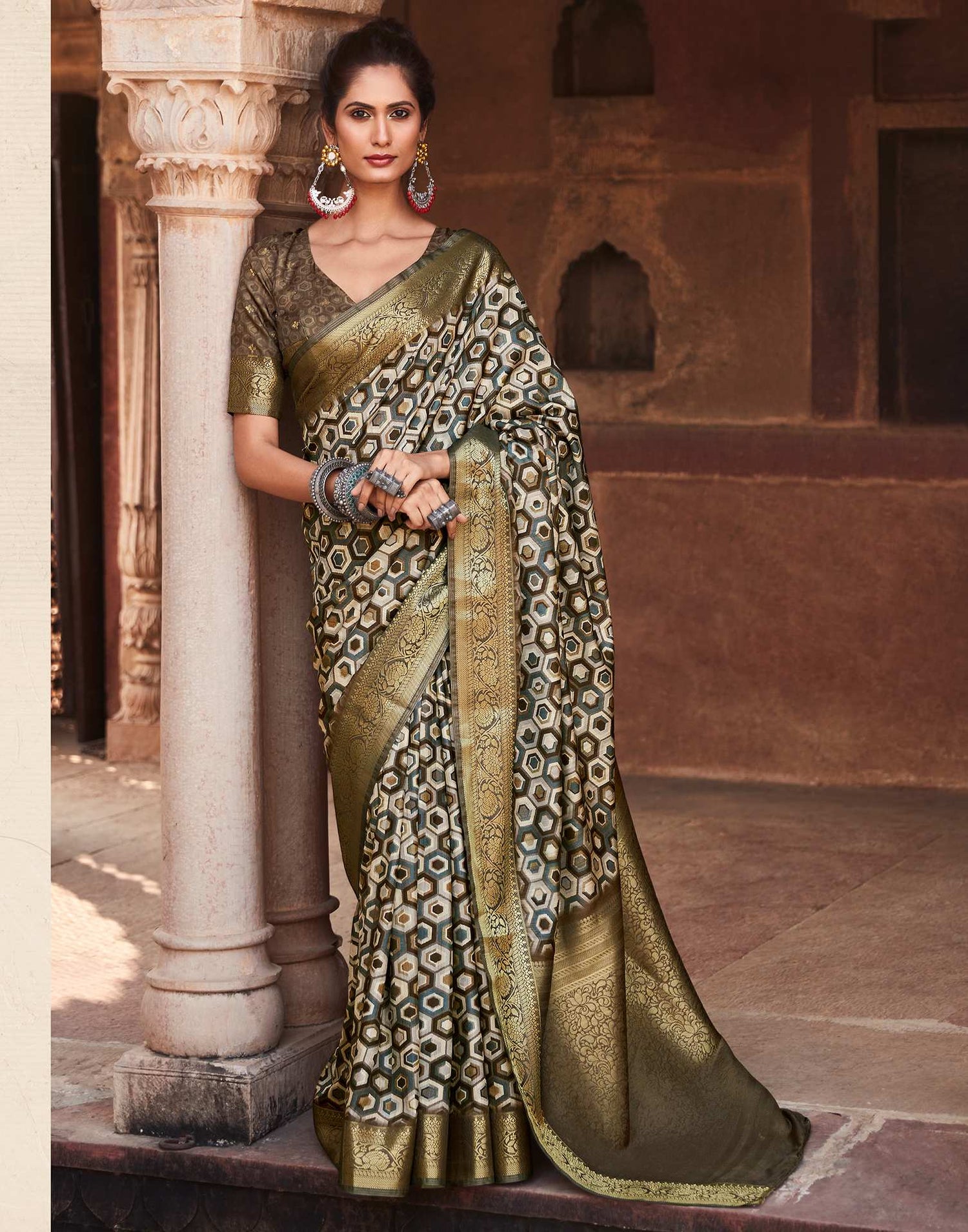 Beige Geometric Printed Silk Saree