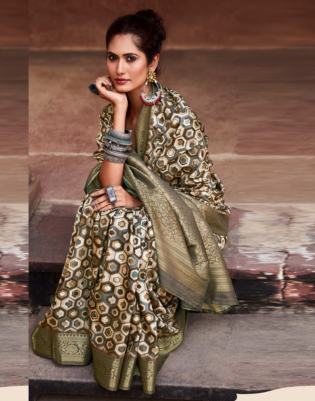 Beige Geometric Printed Silk Saree