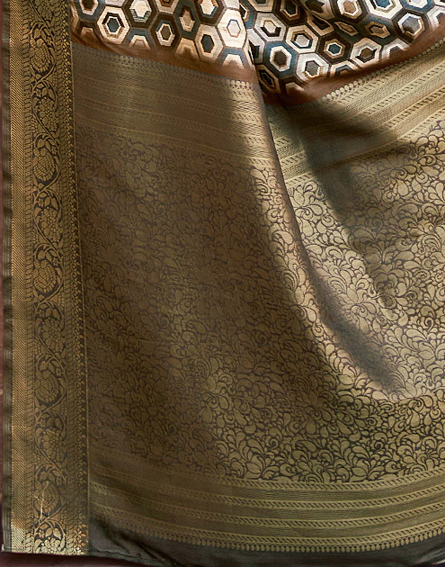 Beige Geometric Printed Silk Saree